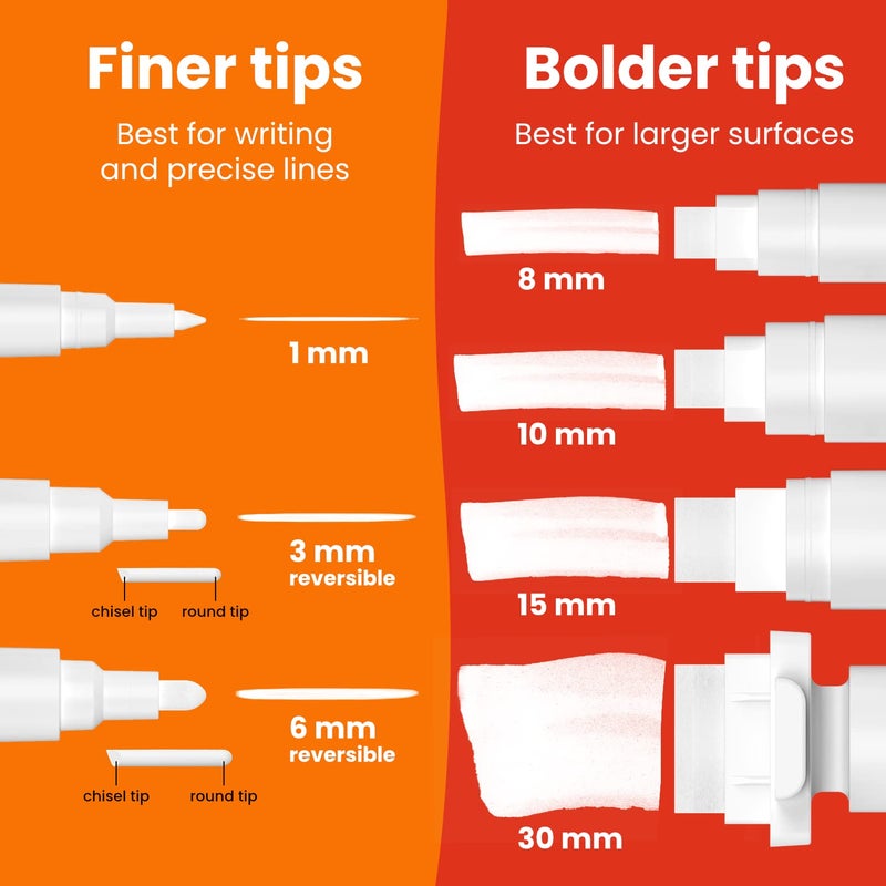 Chalkola 7 White Chalk Markers for Chalkboard Signs, Blackboard, Car Window, Bistro, Glass | 7 Variety Pack - Thin, Fine Tip, Bold & Jumbo Size Erasable Liquid Chalk Pens (1mm, 3mm, 6mm, 8mm, 10mm, 15mm, 30mm) - Image 2